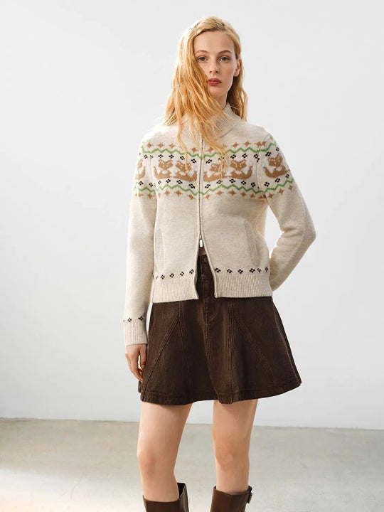 Zip Front Fair Isle Mock Neck Long Sleeve Cardigan