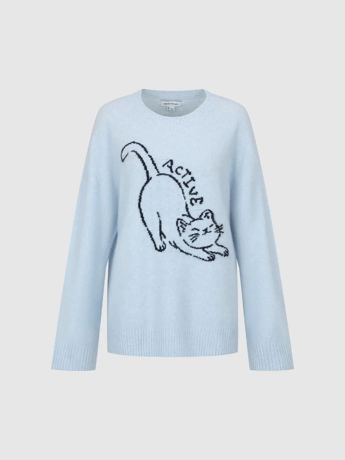 Knit T‑Shirt in light blue by Urban Revivo Fashion with a black cat graphic
