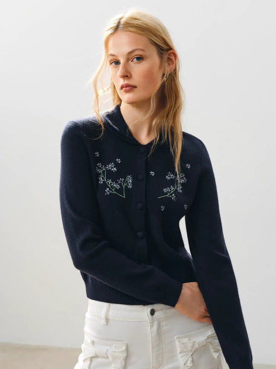 Embroidered Floral Ribbed Mock Neck Long Sleeve Cardigan