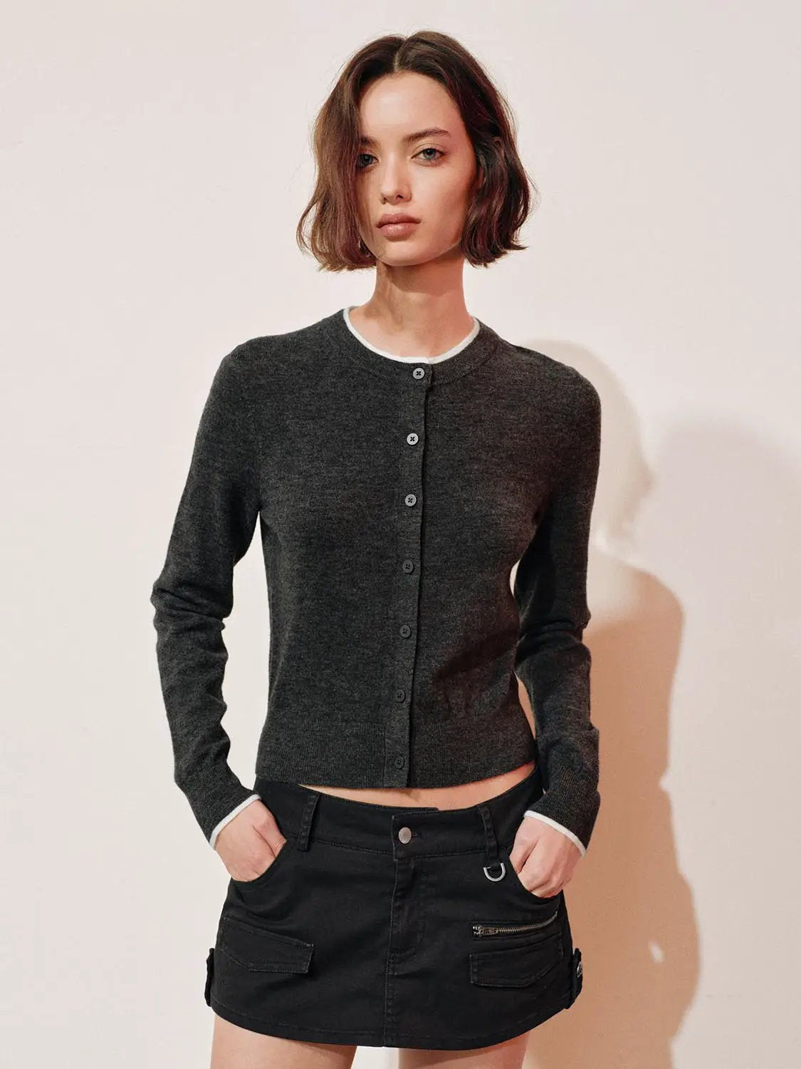 Knit Striped Shawl Button Front Long Sleeve Cardigan in dark grey, Urban Revivo Fashion
