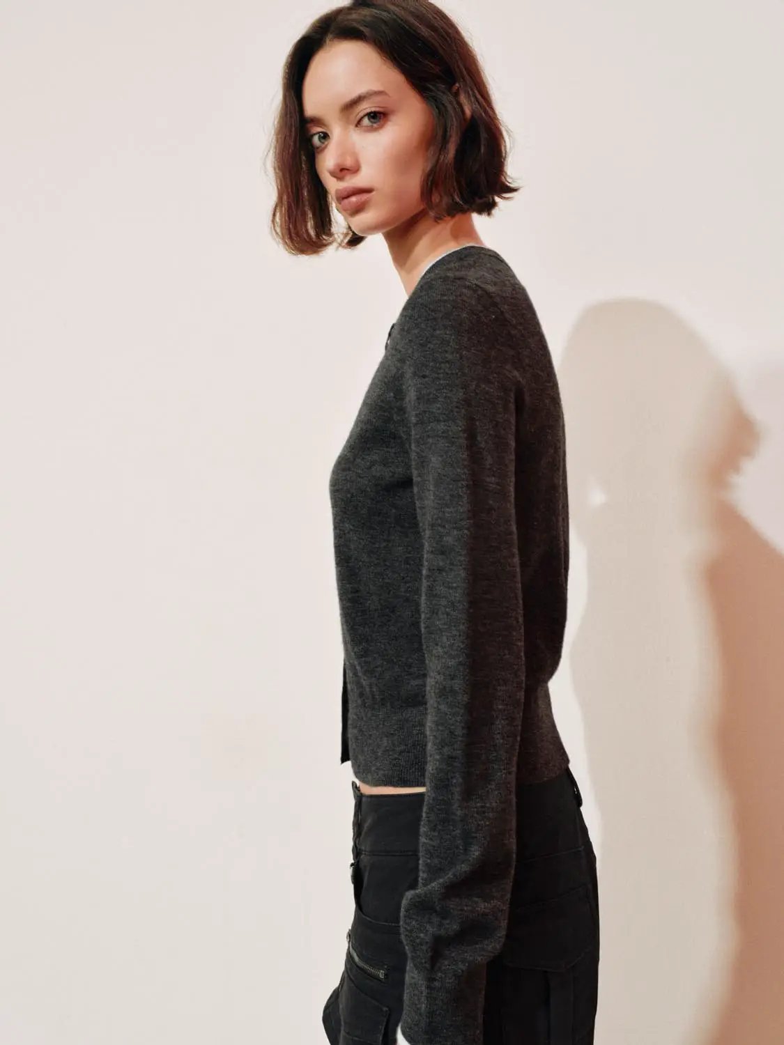 Knit cardigan, dark gray, long sleeves, button-front design