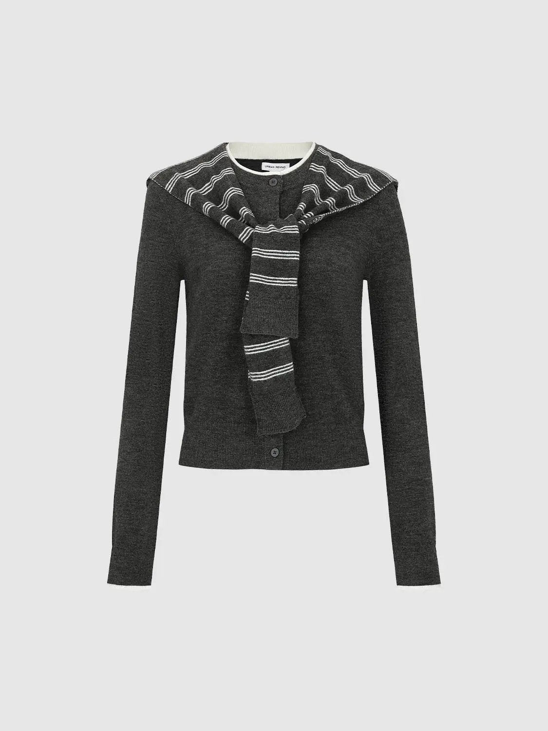 Knit striped shawl cardigan with button front in dark charcoal gray by Urban Revivo Fashion