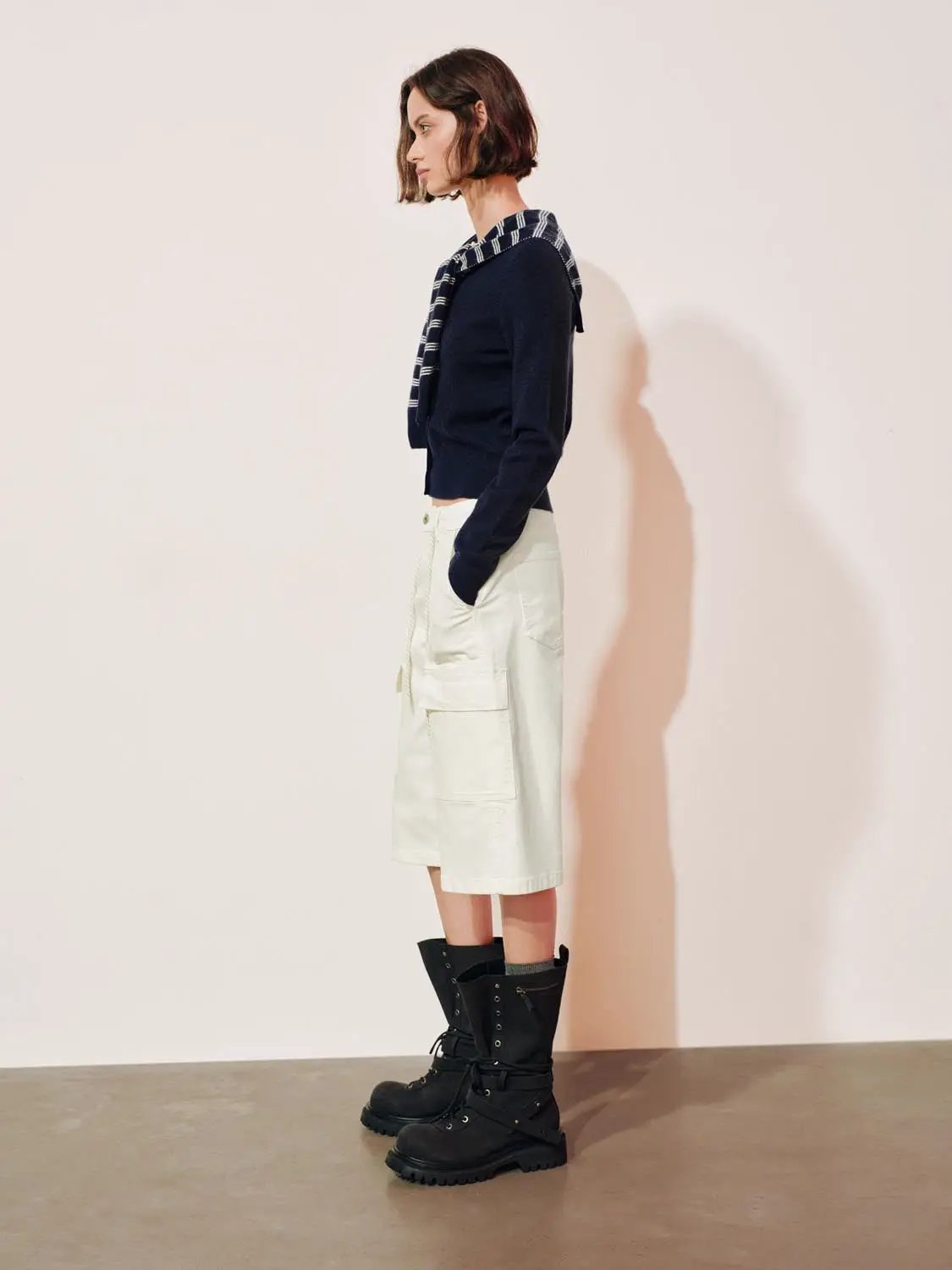 Knit Striped Shawl Button Front Cardigan with long sleeves, navy knit, striped shawl detail — Urban Revivo Fashion