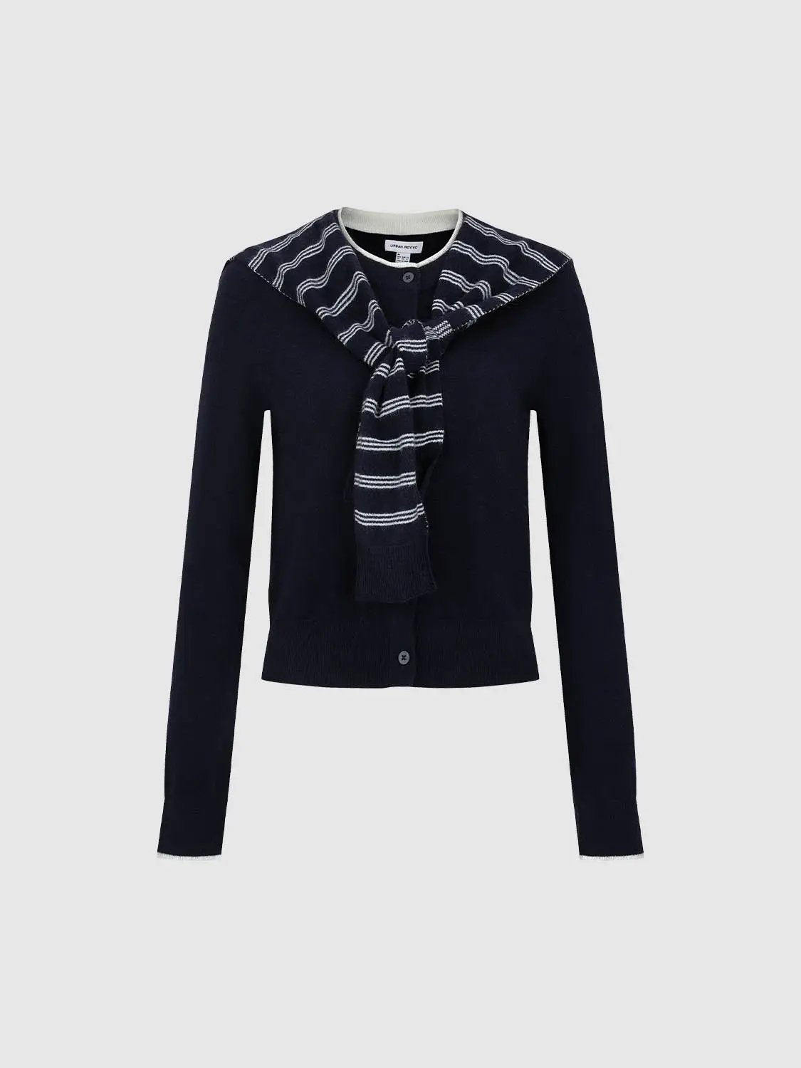 Knit Striped Shawl Button Front Long Sleeve Cardigan, navy with white stripes, Urban Revivo Fashion.
