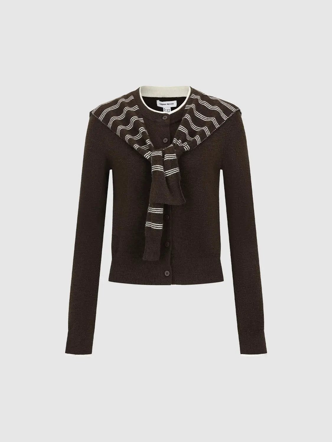 Knit Striped Shawl Cardigan with Button Front in brown, white stripe detailing, Urban Revivo Fashion