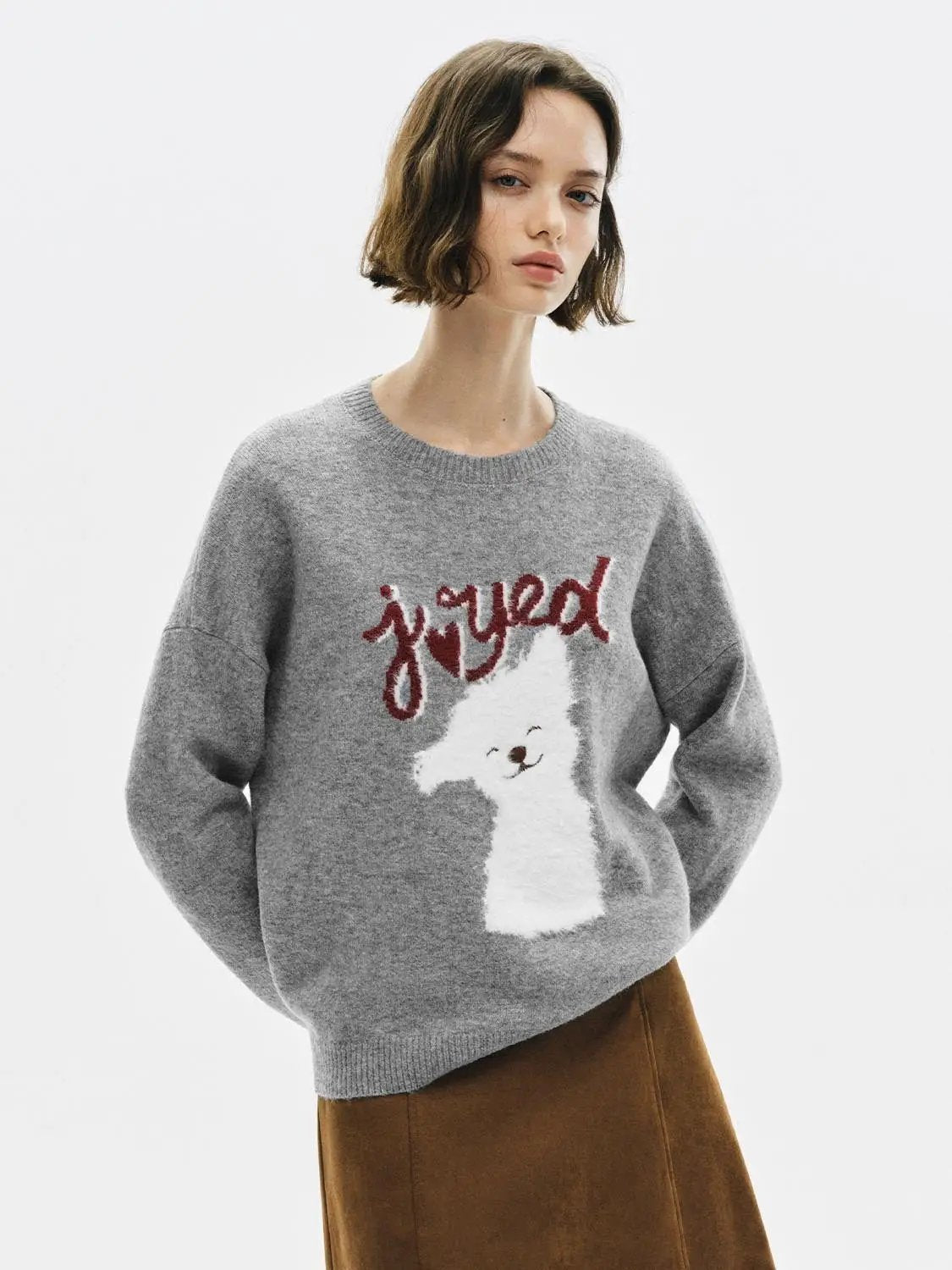 Knitwear T-shirt grey knitted top with white fluffy dog graphic and red script.