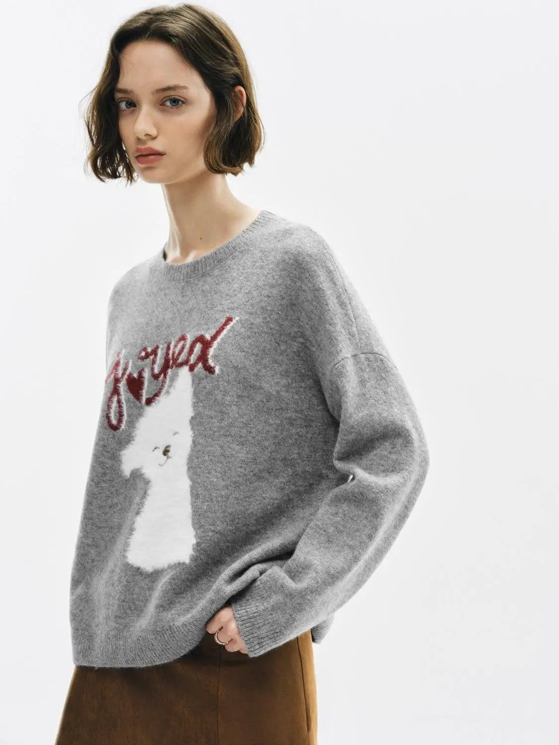 Knitwear T-shirt by Urban Revivo Fashion in heather gray knit with red script graphic.