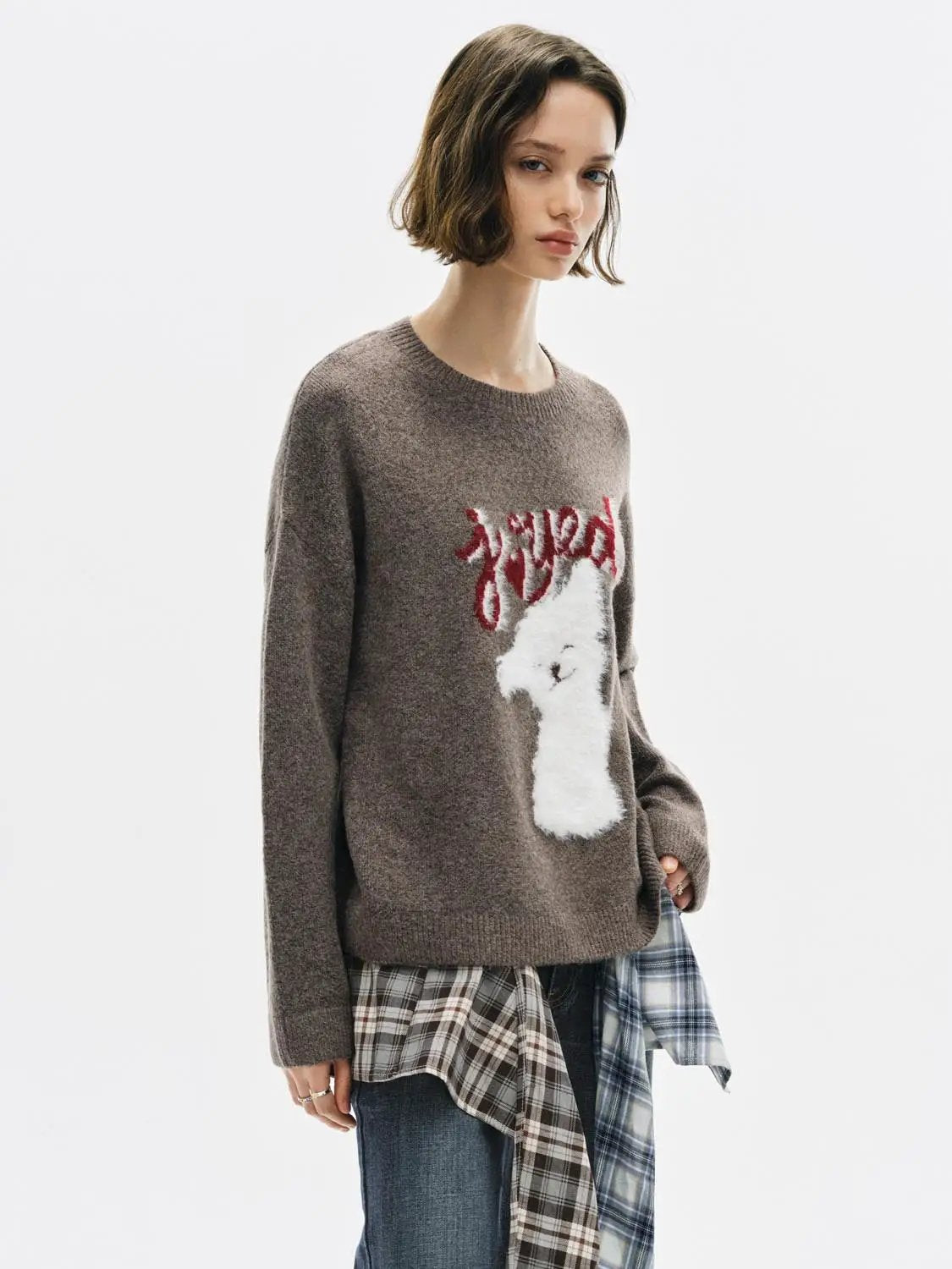 Knitwear T-shirt, brown long-sleeve knit with white dog graphic and red lettering