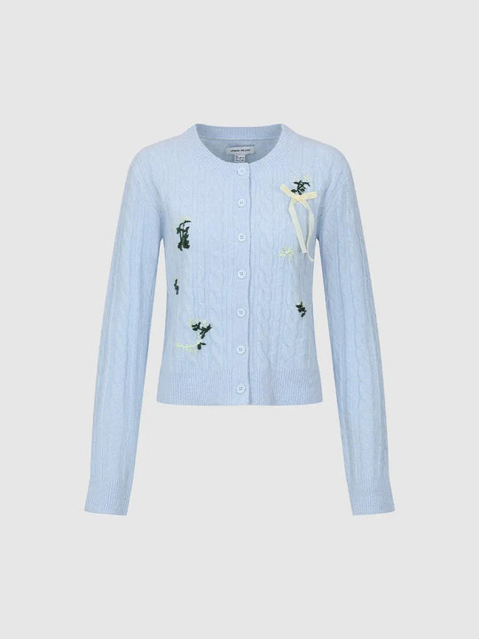 Cable Knit Floral Embroidered Crew Neck Long Sleeve Cardigan