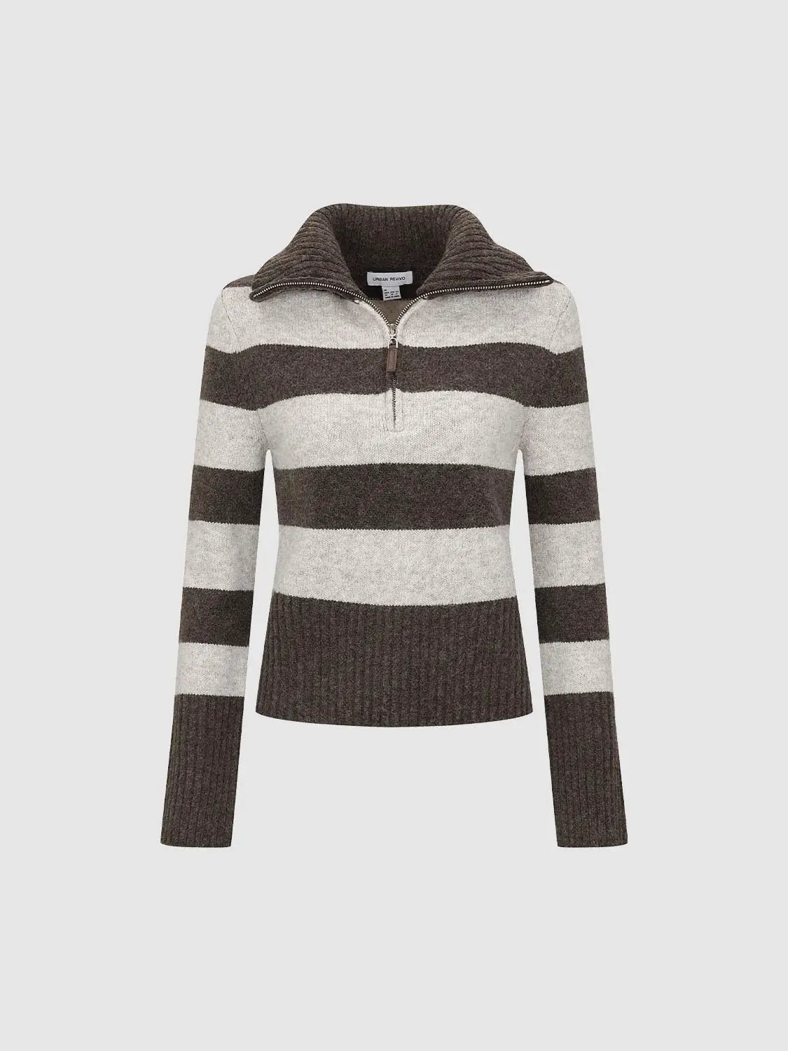 Knit T‑Shirt by Urban Revivo Fashion; brown and cream striped knit with zip collar.