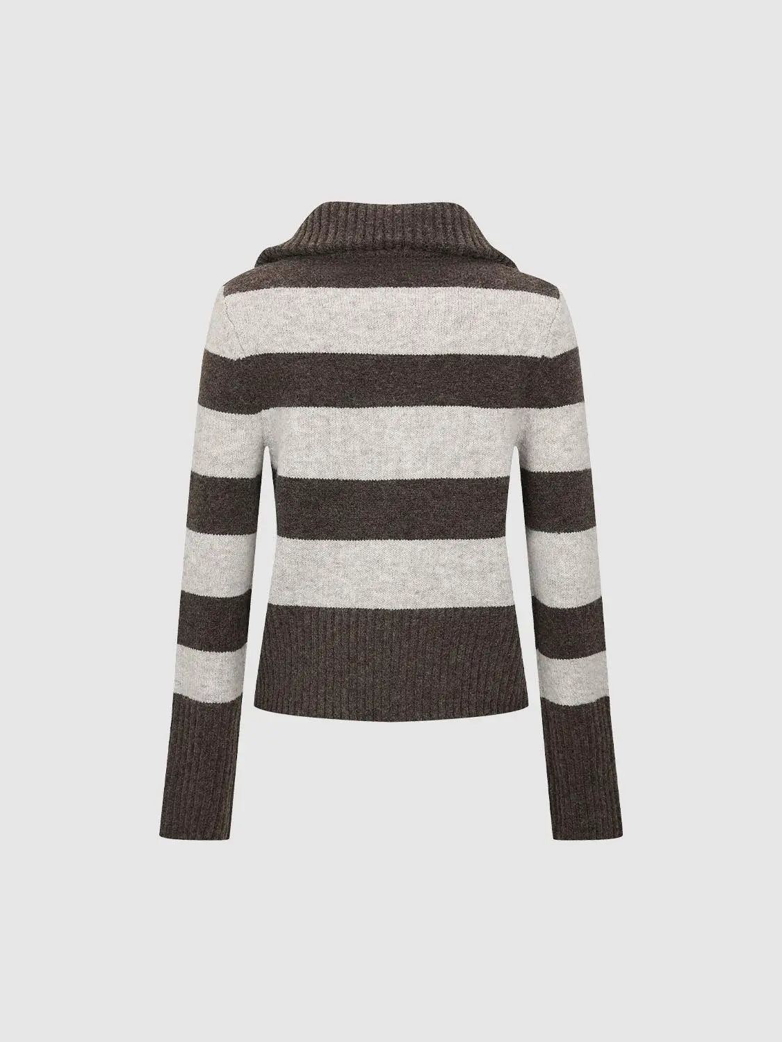 Knit T-Shirt by Urban Revivo Fashion; brown and cream striped long-sleeve ribbed knit with collar.