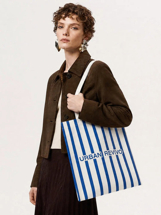 Blue Striped Cotton Canvas Everyday Tote Bags
